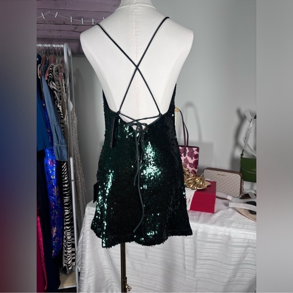 LULU’S Green Sequin Lace Up Backless Mini Dress - Picture 3 of 3